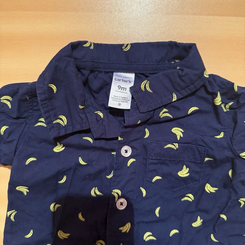 Carters Baby Romper 9 Months Blue Yellow Bananas Collared Button Up One Piece